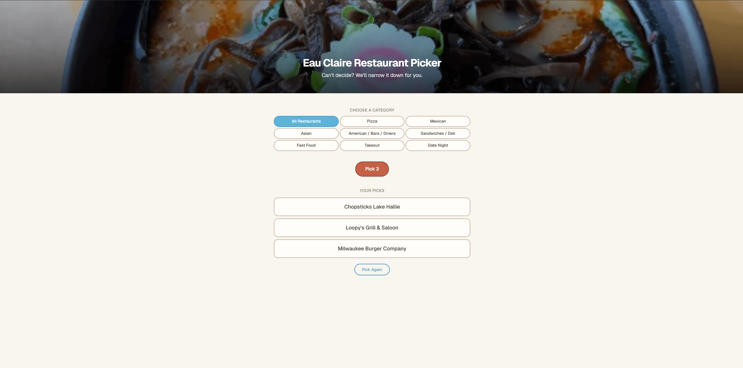 Eau Claire Restaurant Picker redesign preview